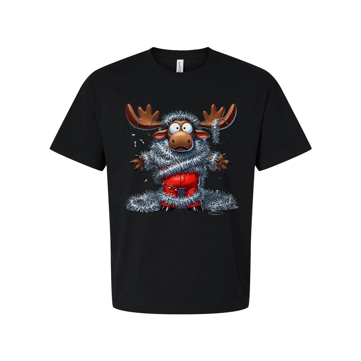 

Unisex Christmas Moose Graphic T Shirt With Tinsel Lights Funny Festive Apparel 2XL