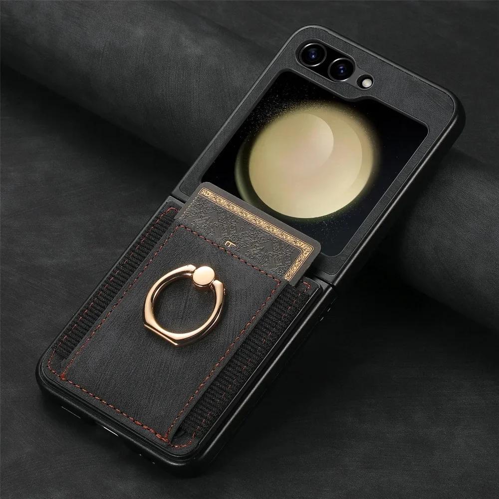 Retro PU Leather Cover for Samsung Z Flip 6 5 4 3 2 Flip6 Flip5 Flip4 Flip3 Flip2 5G Ring Card Slot Holder Wallet Phone Case