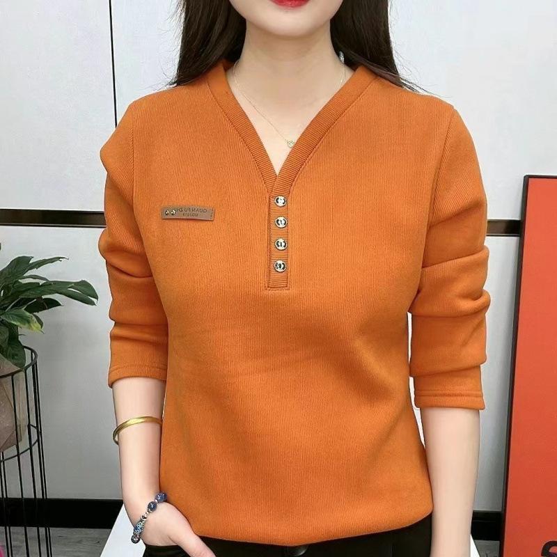 Velvet V-neck Bottoming Shirt for Women, Autumn and Winter Long-sleeved T-shirt, Fashionable and Versatile Elastic Warm Top