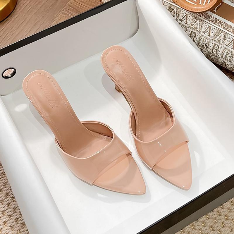 Pointed Open Toe High Heels Slippers Women Outdoor Slides Ladies Party Shoes Japanned Leather Sandalias Mujer Sexy Flip Flops