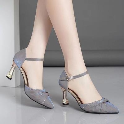 Fashion 2024 Summer New External Wearing Women's Sandals Pointed Water Diamond Shallow Mouth Flat Buckle Comfortable High Heels