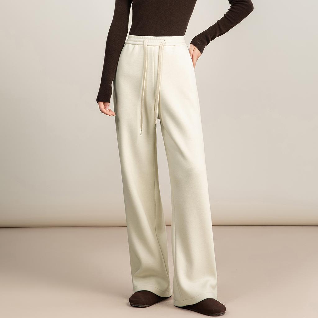 Women's Drawstring High Waist Wide Leg Pants Loose Fit Fleece Lined Modal Wool Blend Trousers
