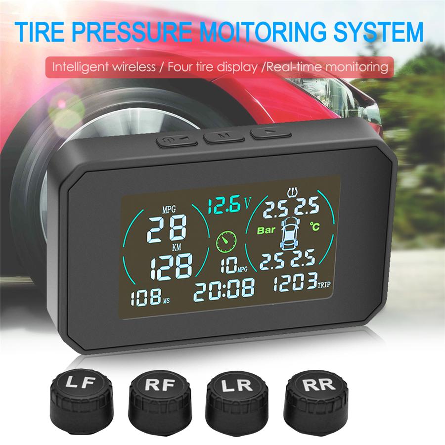 Wireless Car TPMS OBD2 HUD Solar USB Tire Pressure Monitoring 4 External Sensors speed/MPG