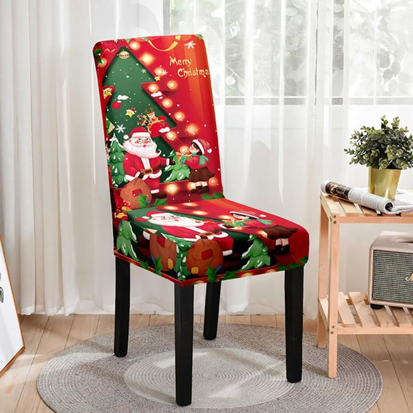 Non Slip Christmas Dining Room Chair Covers Stretchy Washable Xmas Printed Chair Slipcover Protector for Holiday Party Decor