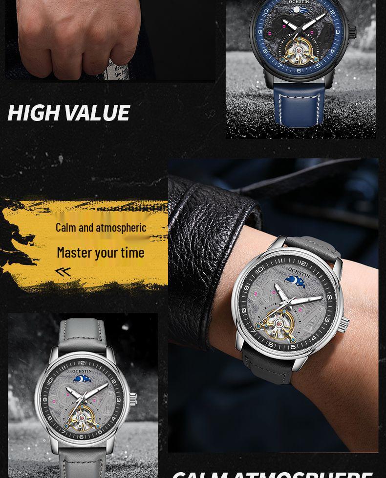 Swiss Tourbillon Men's Mechanical Watch, Large Dial, Automatic, Fashionable Leather Strap, High-End Feel