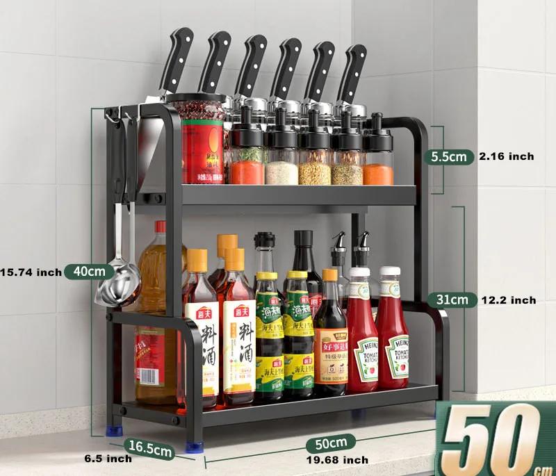 

2/3-Layer Stainless Steel Kitchen Storage Shelf, Seasoning Jar & Spice Rack with Chopsticks, Knife Holder and Bar Organizer