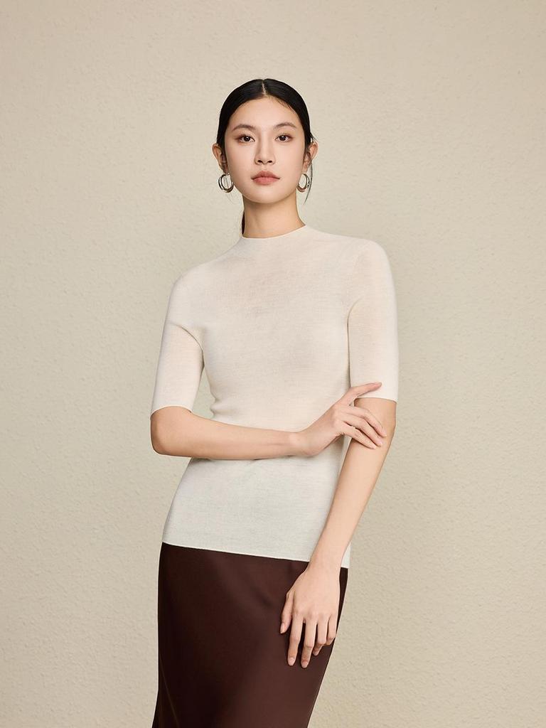 Yangzi 100% Wool Slim-Fit Sweater: 18-Gauge Single-Thread, Semi-High Neck, Mid-Sleeve, Solid Color Base Layer