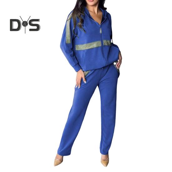 Ensemble de 2 pièces pour femme, sweat-shirt et pantalon à paillettes, capuche, manches longues, fermeture éclair, sport, taille élastique, tenue de fitness, automne, printemps, déplacements