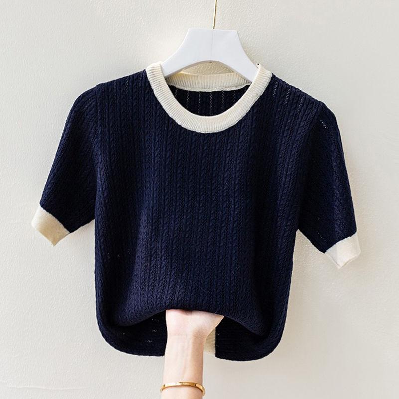 Damen Rundhals Eisseide T-Shirt Damen Sommer Farbblock Gehäkeltes T-Shirt Locker Übergröße Oberteil