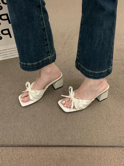 2025 New Women's Lightweight High-heeled Flip Flops, Women's Clip on Strap Bow Slippers, Women's Open Toed Beach Sandals