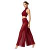 Women Halter Crop Top and Wide Leg Pants Set Rhinestone Mesh Patchwork Sleeveless with Built-in Bottoms Elastic Waist for Dance Club Performance