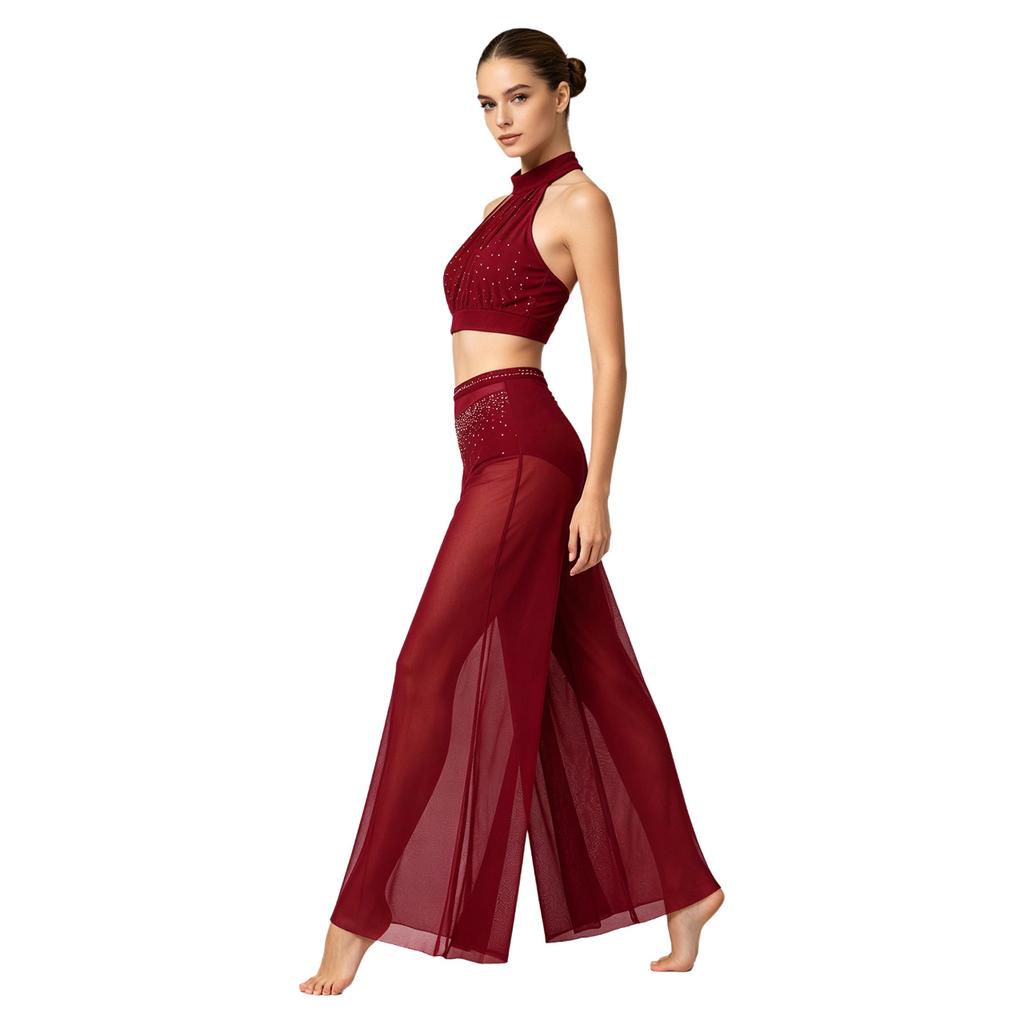 Women Halter Crop Top and Wide Leg Pants Set Rhinestone Mesh Patchwork Sleeveless with Built-in Bottoms Elastic Waist for Dance Club Performance