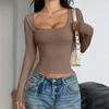Spring Autumn Square Collar Solid Color Slim T-shirt Women Long Sleeve Y2K Elastic Bottomed Tee Pullover Top