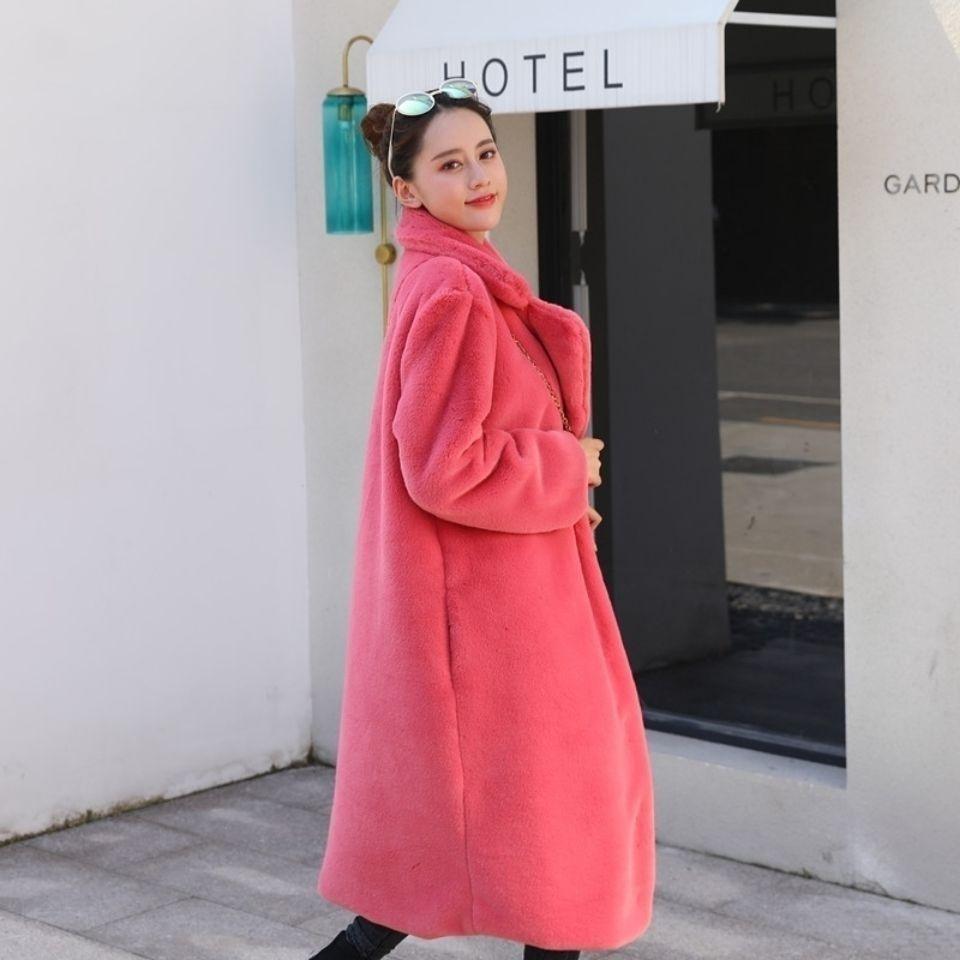 Cappotto lungo in pelliccia di coniglio finta invernale con collo in pelliccia finta, caldo, casual, da donna, trench