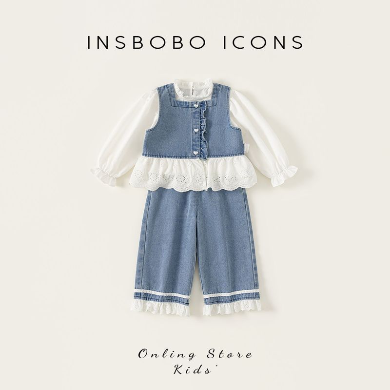 Insbobo Girls  Suit 2026 Spring New Children s Clothing Baby Denim Three-Piece Set Early Spring Trendy Outfit Light cowboy Blue 80