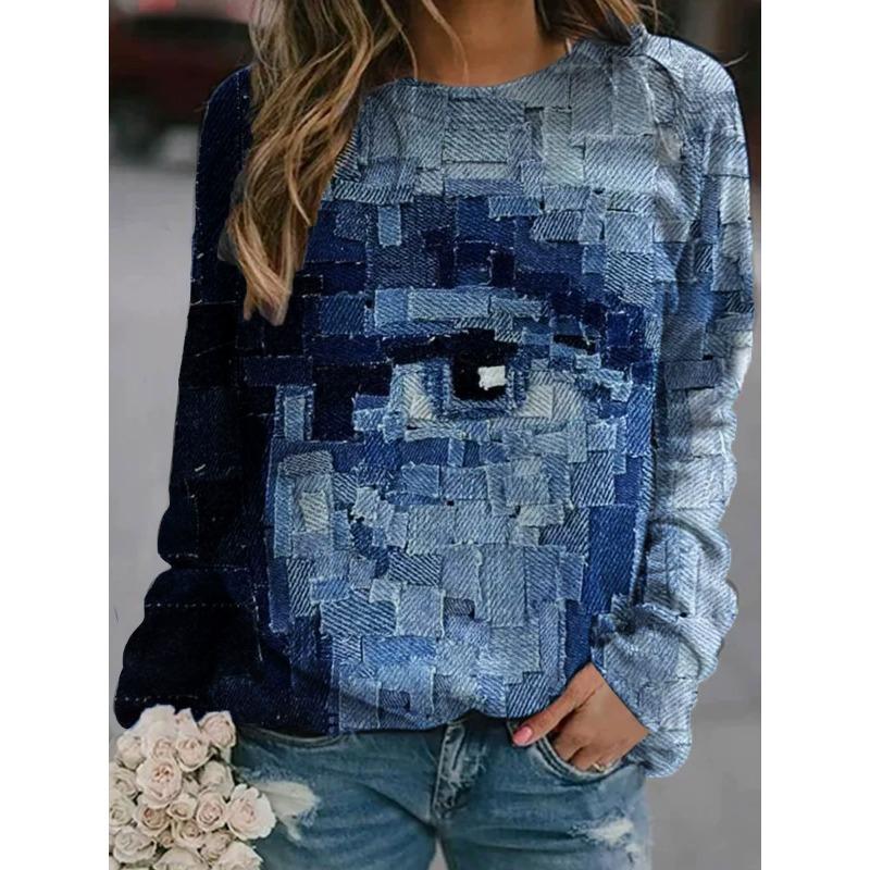 

Винтажная женская футболка с круглым вырезом и длинным рукавом, пуловер с принтом в 3D-клетку, свободный простой повседневный дорожный топ XL