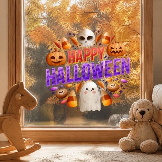 Waterproof PVC Party Decorations Halloween Window Clings, Cute Ghost Pumpkin Skull Happy Sticker, Reusable DIY Layout Double Sided Static Glass Decals