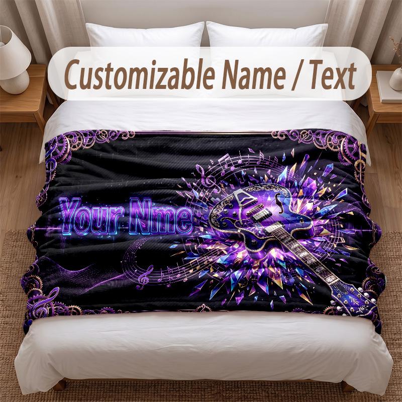 Music Guitar Theme Soft Blanket Personalized Custom Name Text Print Warm Blanket Home Sofa Bedroom Decor