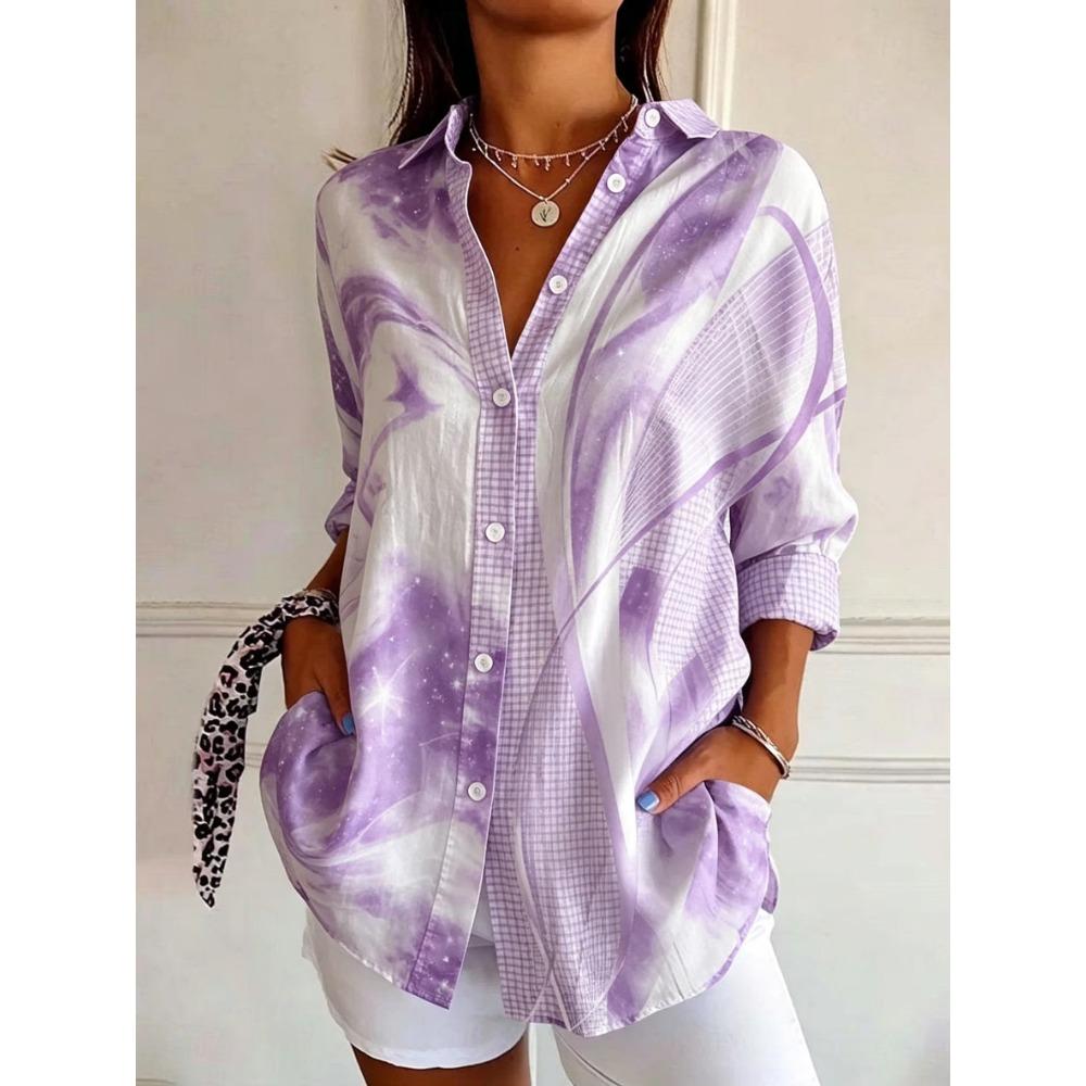 Women's Long Sleeve Abstract Swirl Print Button Down Casual Shirt Elegant Daily Blouse Tops in Red Black for Spring Summer