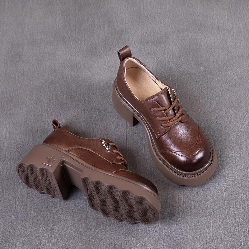 

Женские лоферы из первого слоя коровьей кожи, весна 2025, новая кожа, ретро, повседневные, на шнуровке, на платформе, на маффиновой подошве, одинарные туфли, женская обувь 40 коричневый