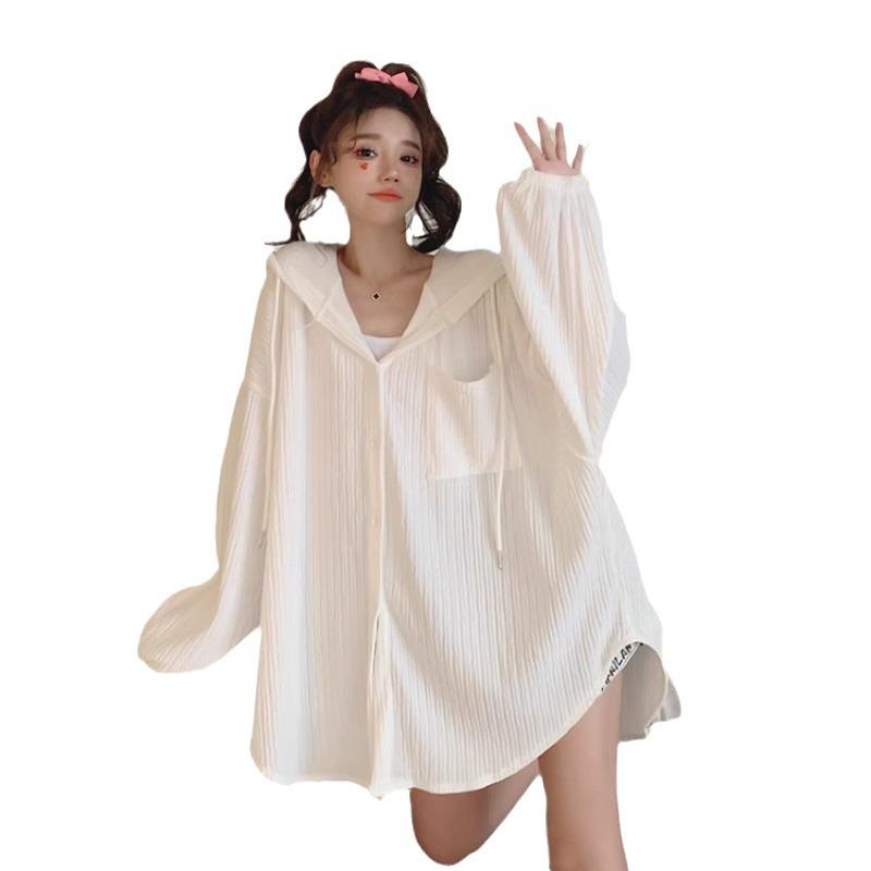 Women's White Hooded Sun Protection Cardigan - Summer 2025, Versatile Long-Sleeve, Mid-Length Loose Thin Jacket