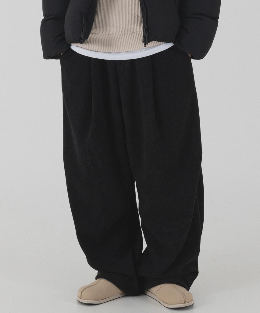 PIANER Corduroy Bonded Wide Parachute Pants (Black)