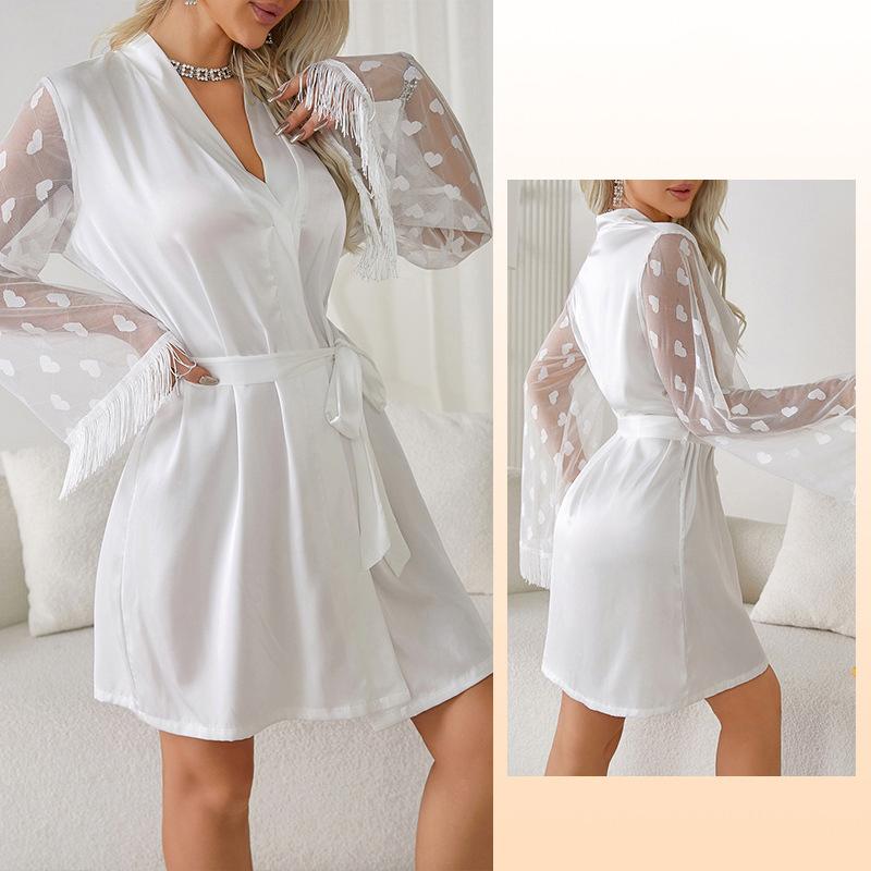 Women's  Tassel Long Sleeve Mesh and Silk Bridal Morning Robe