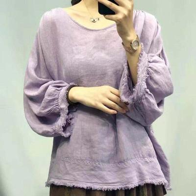 Automne Vintage Mori couleur unie gland Vintage lin haut pour femme décontracté col rond chauve-souris chemises lâches