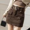 Coffee Brown Denim Mini Skirt Women A-Line High Waist Slim Fit Wrap With Built-in Shorts
