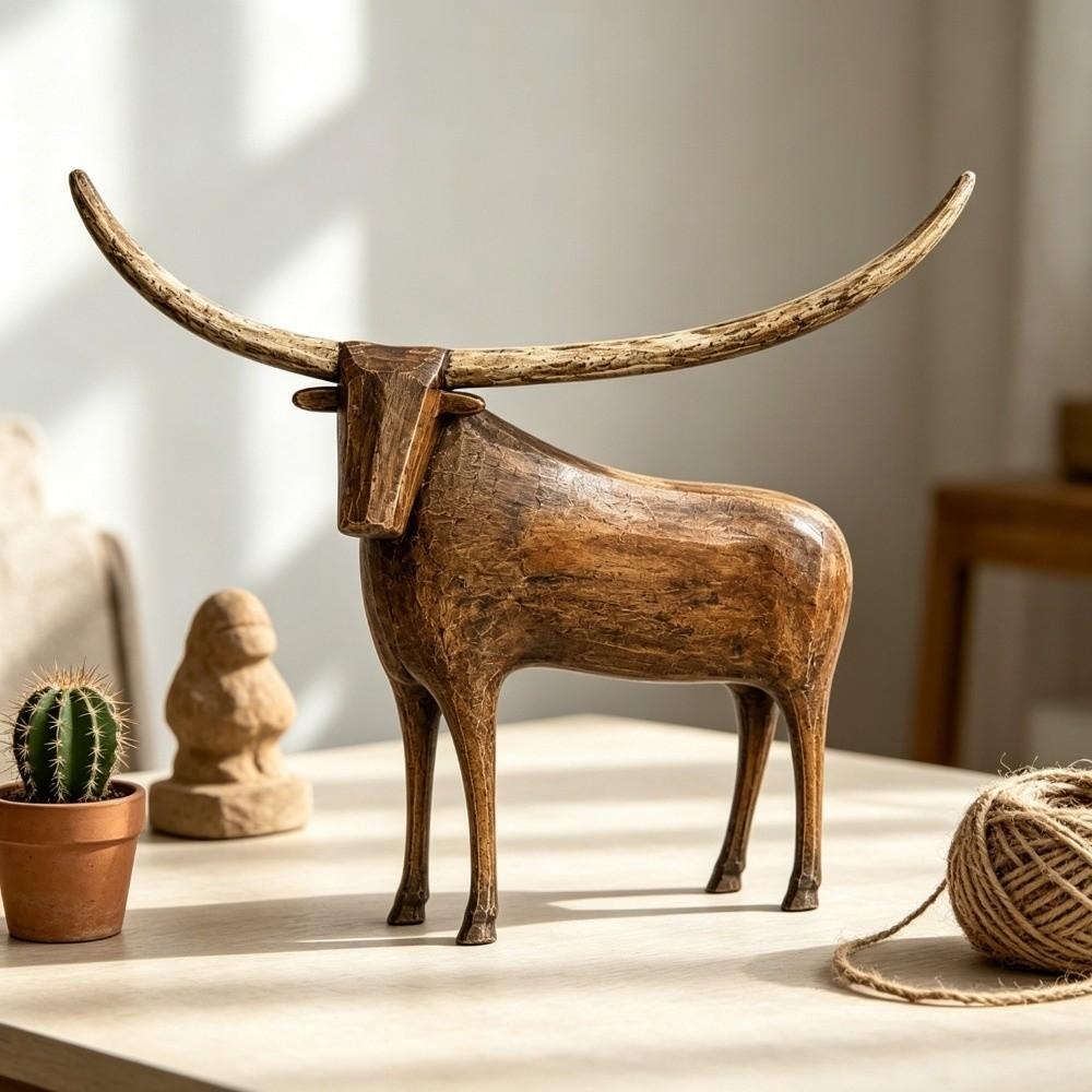 Rustic Longhorn Bull Sculpture Vintage Style Resin Bull Tabletop Statue Farmhouse