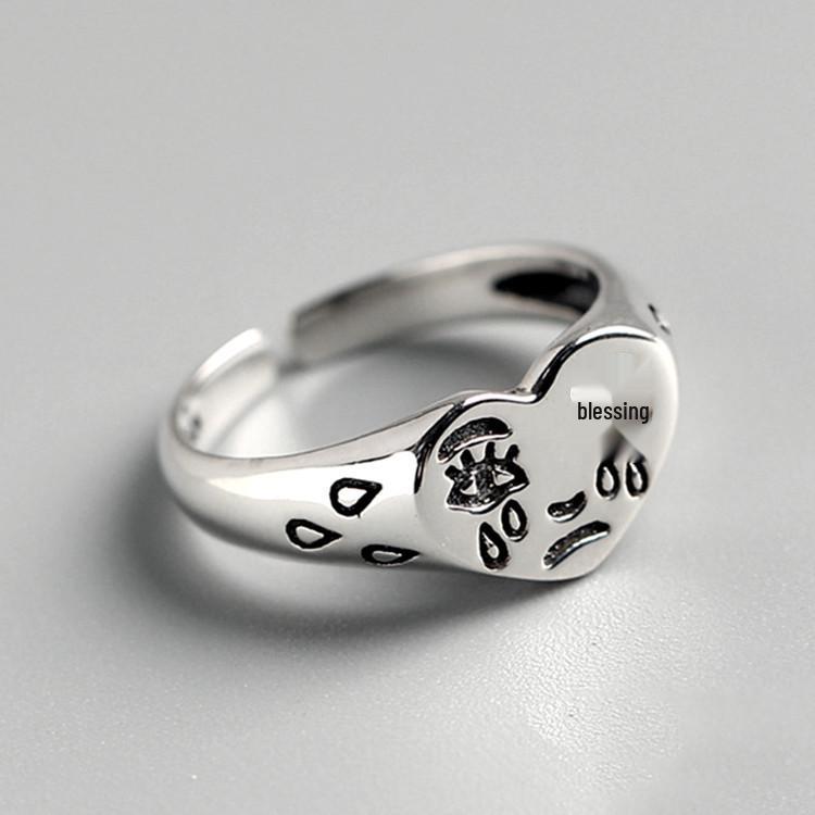 Retro Crying Face Heart Ring - Women s Emotional Expression Jewelry Adjustable Open