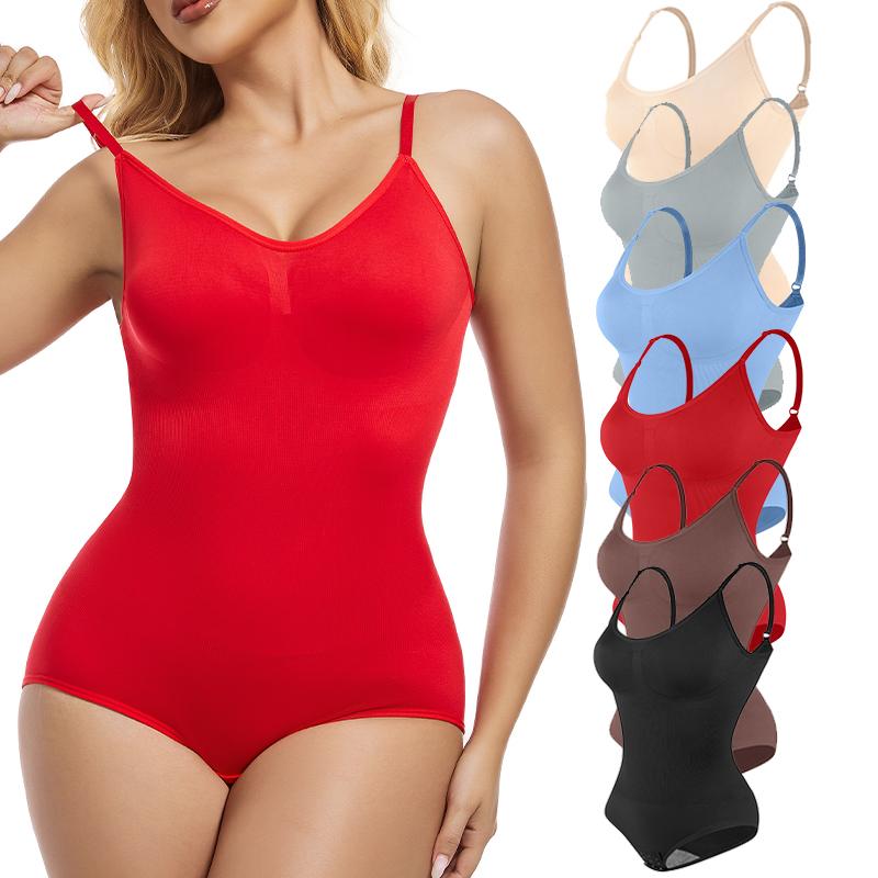Dames Naadloze Mouwloze V-hals Bodysuit Shapewear Buikcontrole Body Shaper Tanktop Rood Blauw