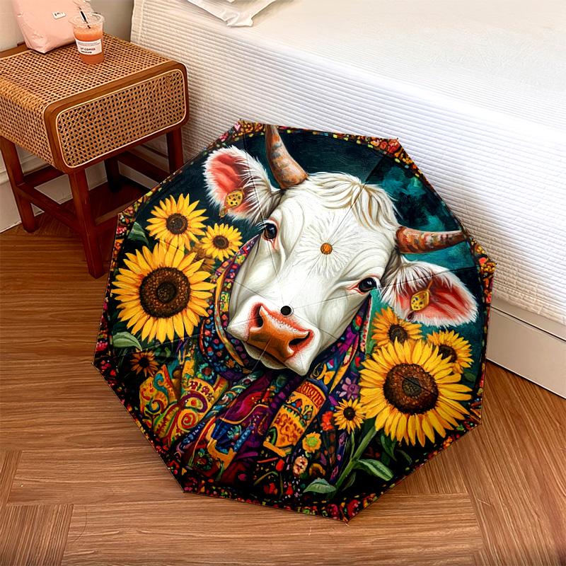 1 PC Automatic Folding Umbrella - Cow with Sunflowers Pattern, Portable & Foldable Design with 8 Ribs, Christmas Birthday Gifts