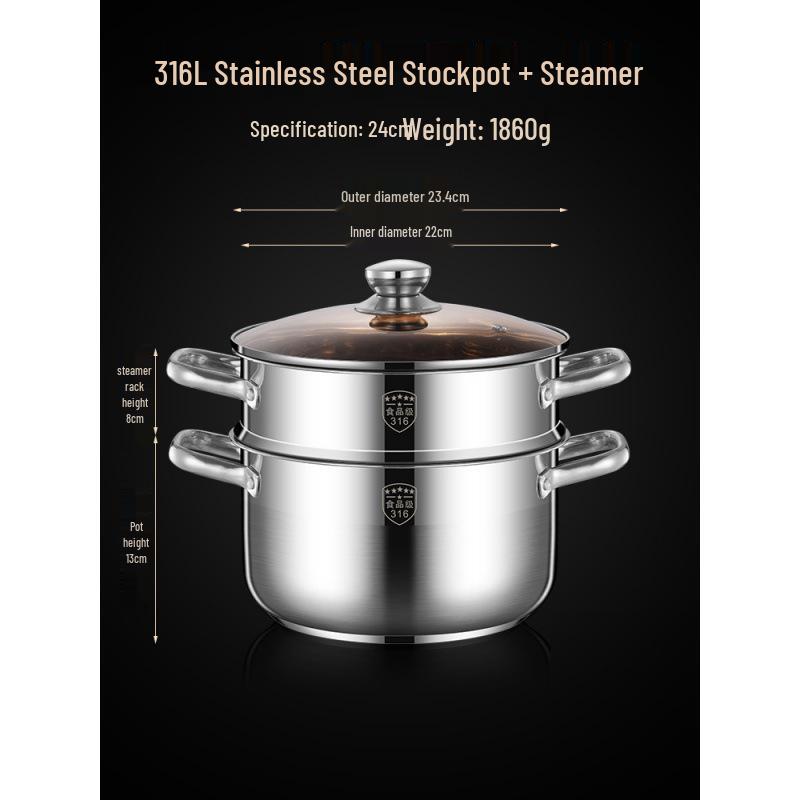 2025 Three-Layer 316 Stainless Steel Steamer & Soup Pot for Induction & Gas Stoves