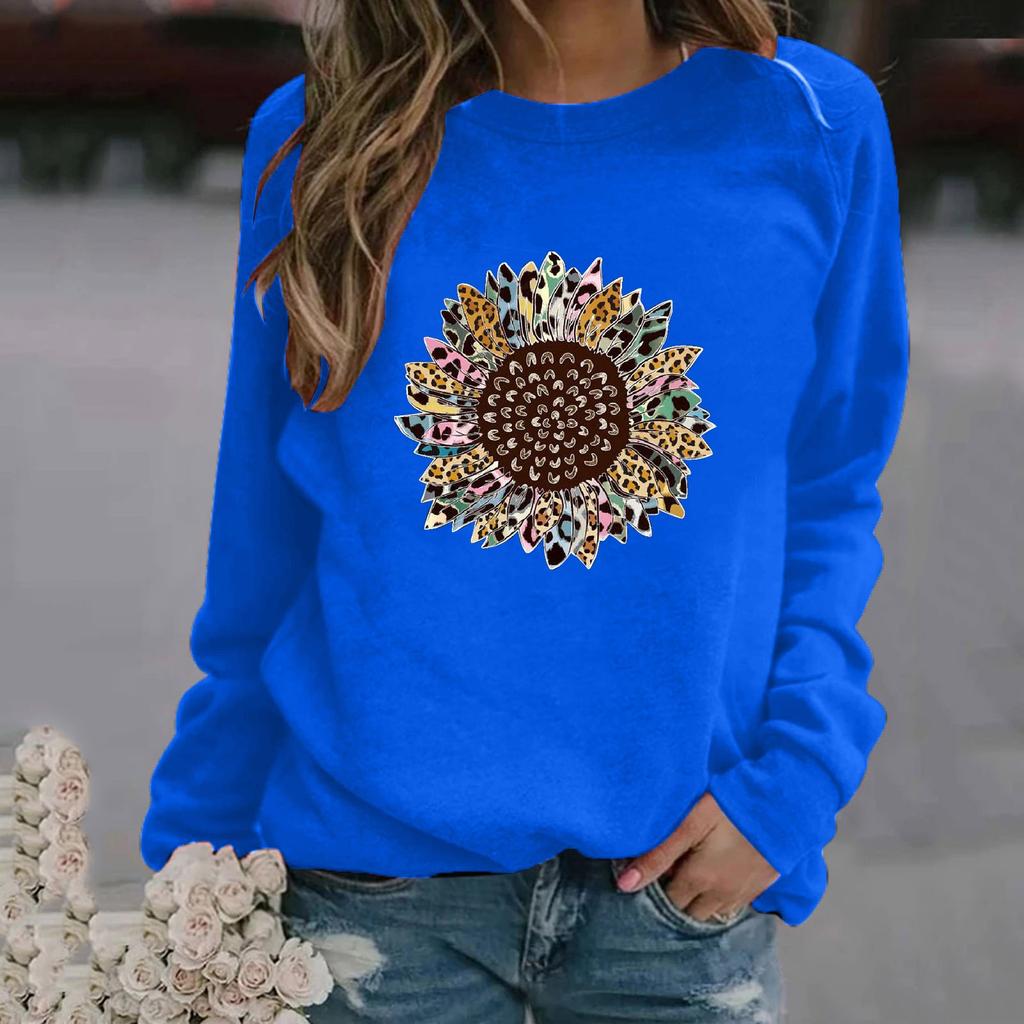 Women's Fashion Casual Print Round Neck Sweater Loose Sports Tops Pullover