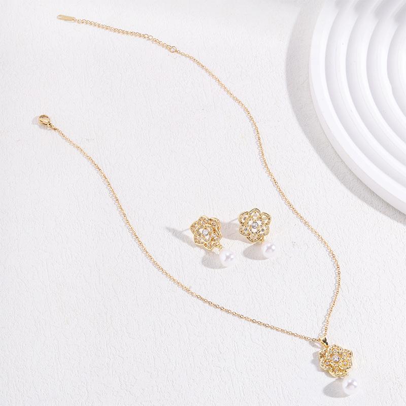Pearl Necklace Women'S High-End Light Luxury Inlaid Zircon Earrings Necklace Set Jewelry