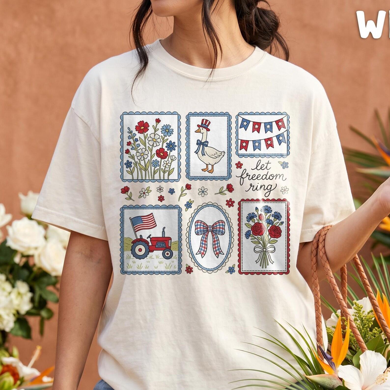 Comfort Colors® - Let Freedom Ring 4th of July Shirt, Patriotic Cottagecore American Flag Tee, Funny Goose Stamp Shirt S