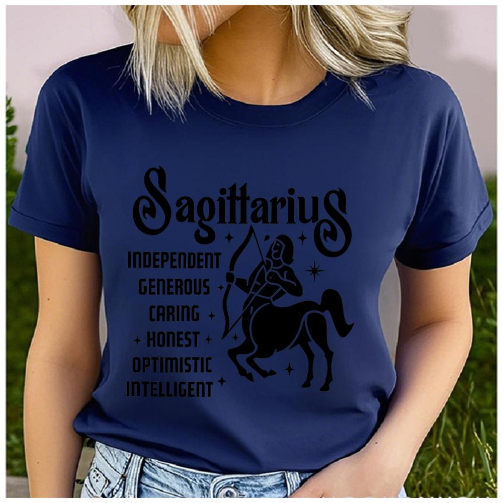 Unisex 100% Polyester Zodiac Sign Print Loose round Neck Short Sleeve Fashion Summer Top for Astrology Lovers