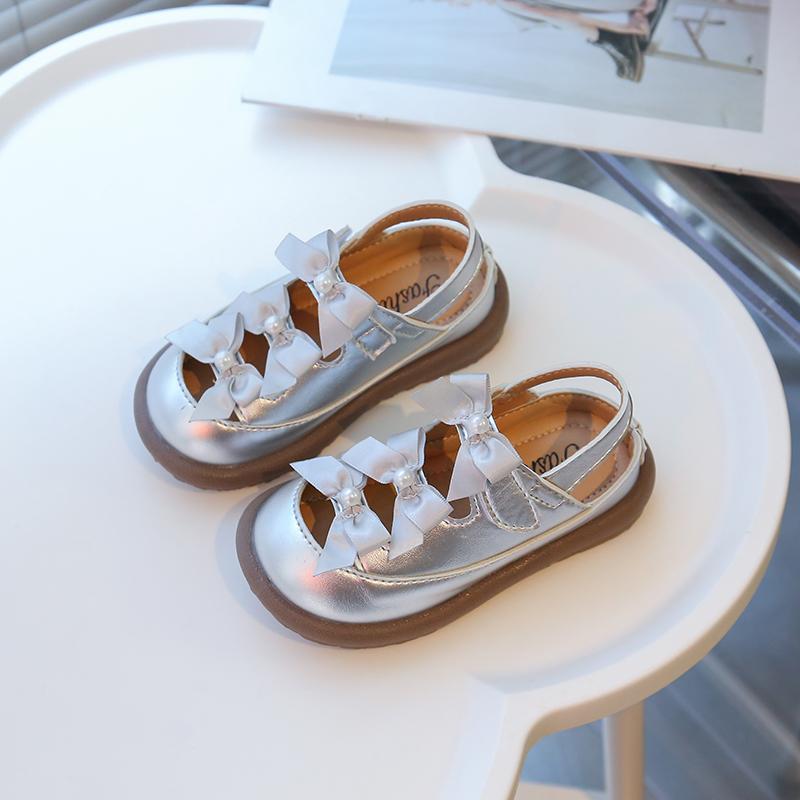 

Girls Toes Capped Princess Sandals with Bow-knot Children Summer Beach Shoes Soft Sole Lolita Style Kids Hollow Out Sandals 24