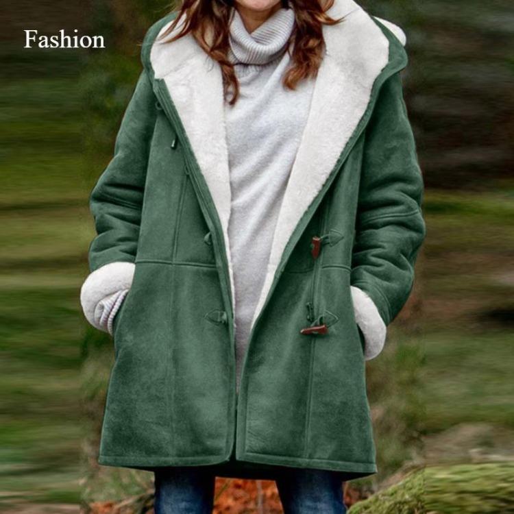 Winter Women's Coat Medium Long Hooded Casual Button Cardigan Warm Solid Color Simple Original Style