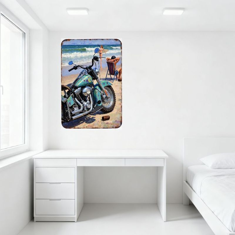 Vintage Turquoise Motorcycle Beach Metal Tin Sign with Starfish Purple Decals, Sand Ocean Waves, Bikini Woman Surfboard Man Chai