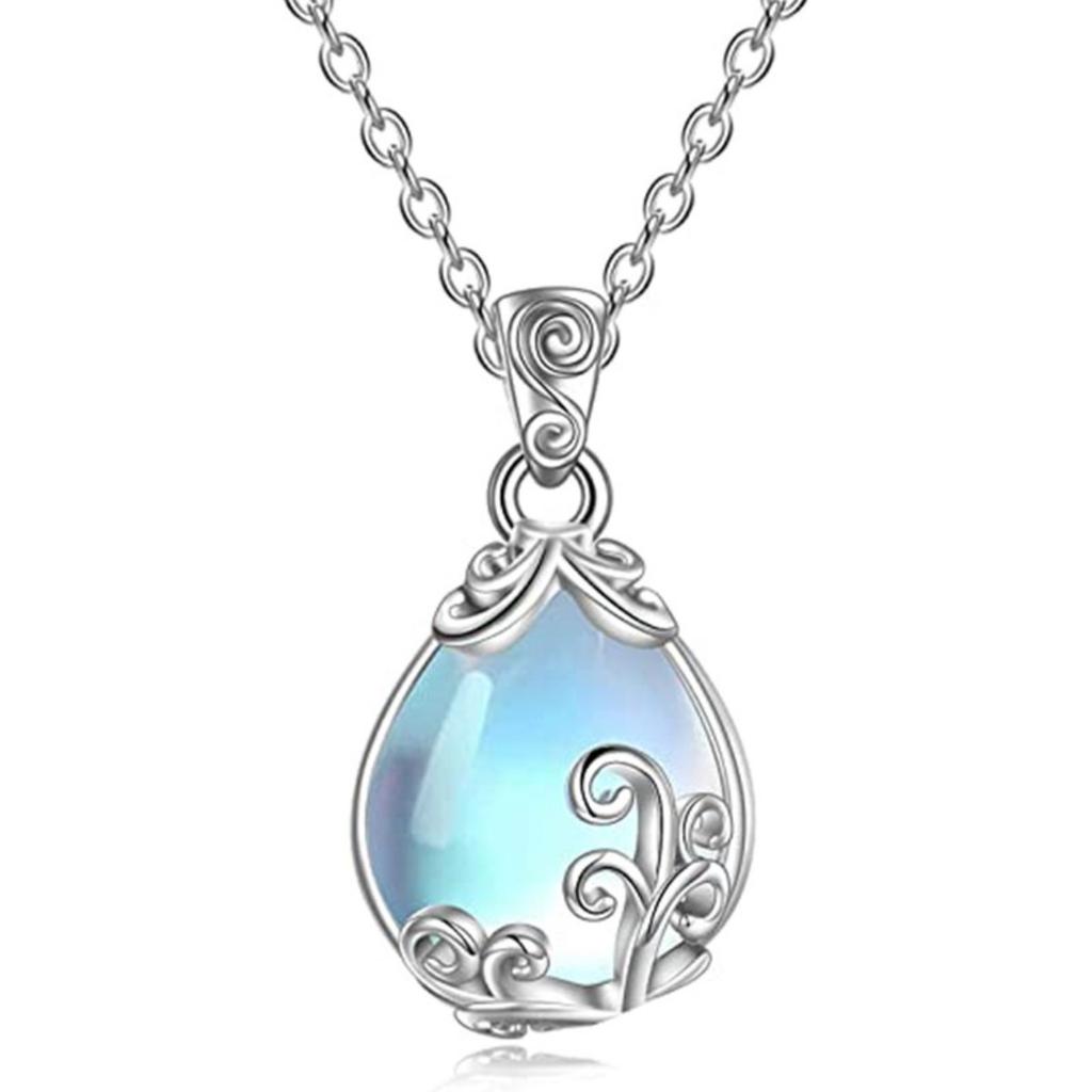 Vintage Scroll Filigree Teardrop Opalescent Stone Pendant Simple Cable Link Chain Women Boho Neck Jewelry