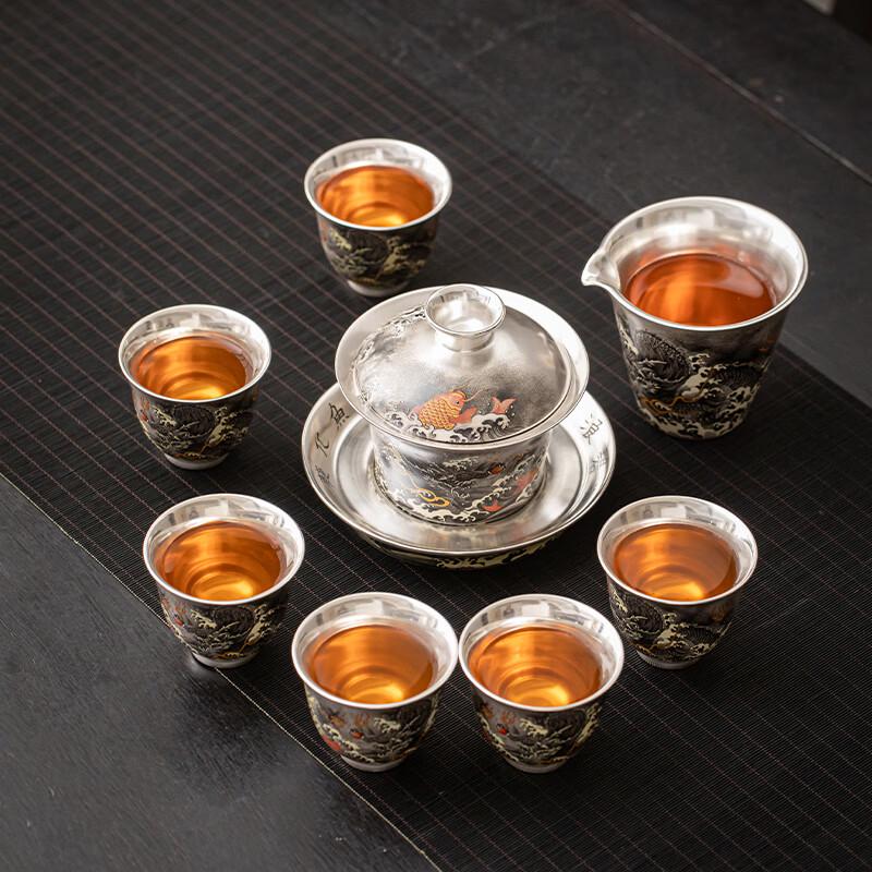 Su's Ceramic Gilded Silver Ink Dragon Gaiwan Tea Set