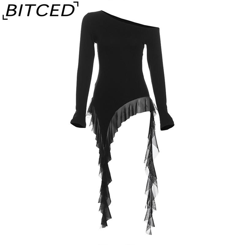 

BITCED Autumn Women s Solid-Colour Slim-Fit Flattering Streetwear Fashion Off-Shoulder Long-Sleeved Top L чёрный