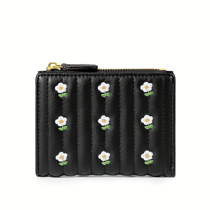 Sweet Style Women's Bi-fold Mini Wallet With Flower Embroidery, Cash Pocket With Card Holder Coin Purse With ID Window