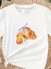 Damen Casual Rundhals T-Shirt Croissant Schleife Grafikdruck Kurzarm Sommer Mode Oberteile Vielseitig Alltagsbekleidung Damen