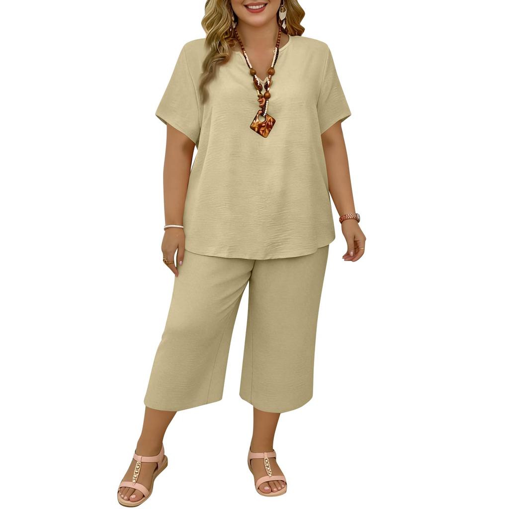 Women's 2,Piece Casual Color V Neck Short Sleeve Top And Wide Leg Pants Set