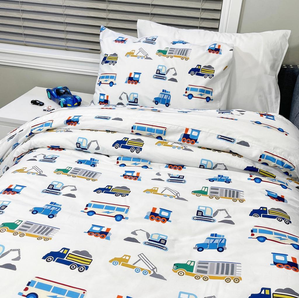 Busy Cars 100% Cotton Duvet Cover Set: Boys Vehicle Bedding, Soft Touch Twin size to Queen size