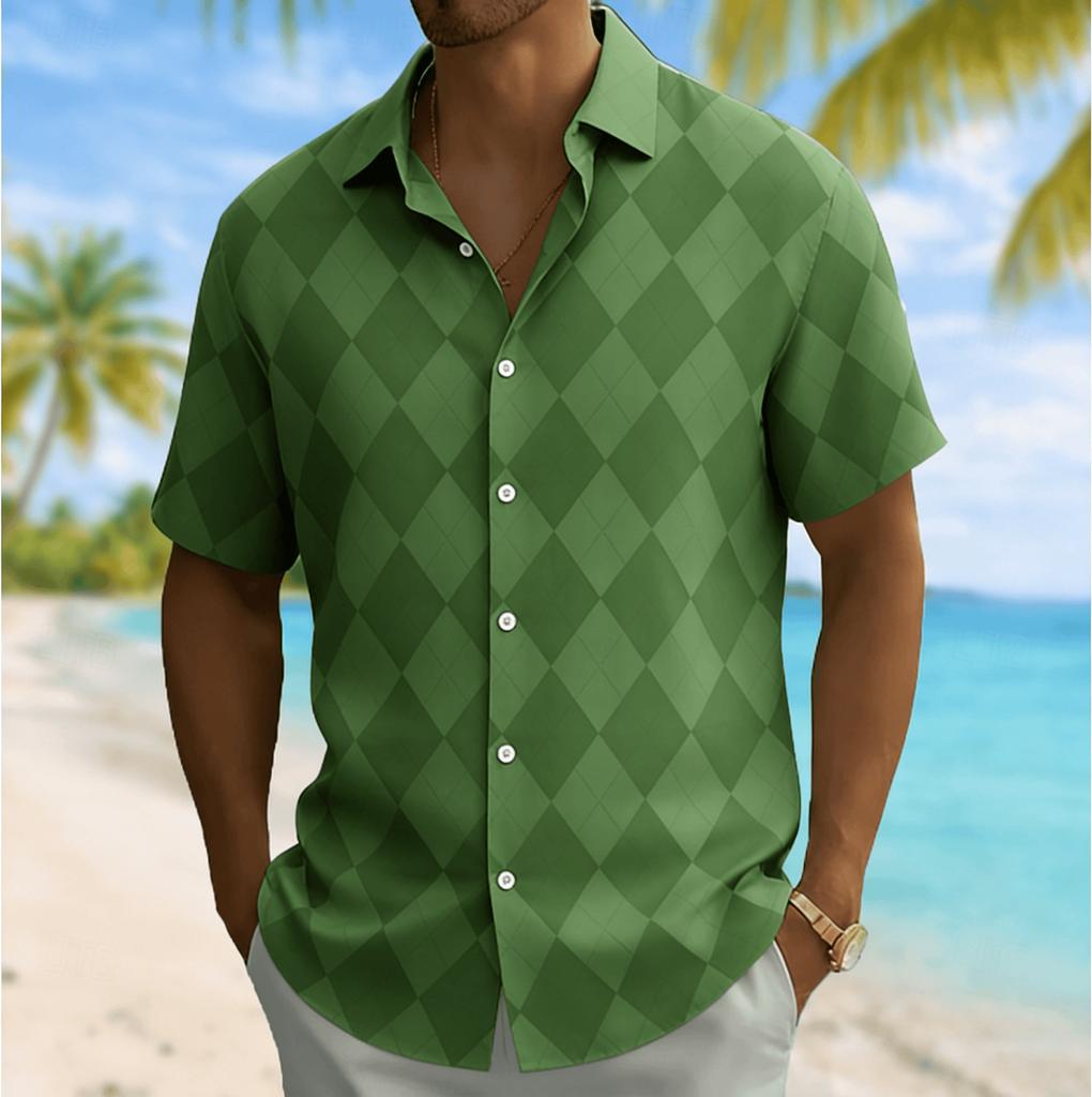 Chemise à manches courtes imprimé argyle pour homme, Chemisier décontracté à col rabattu pour le printemps et l'été, Haut coupe ample