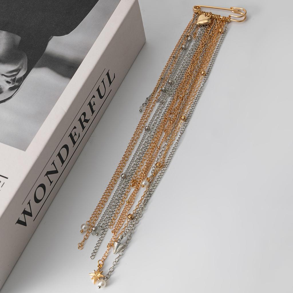 Sweet and Cool Long Flowing Su Chain Brooch, Exquisite Retro Heart-shaped Star Rhinestone Fixed Brooch, Hip-hop Multifunctional Accessory Gift